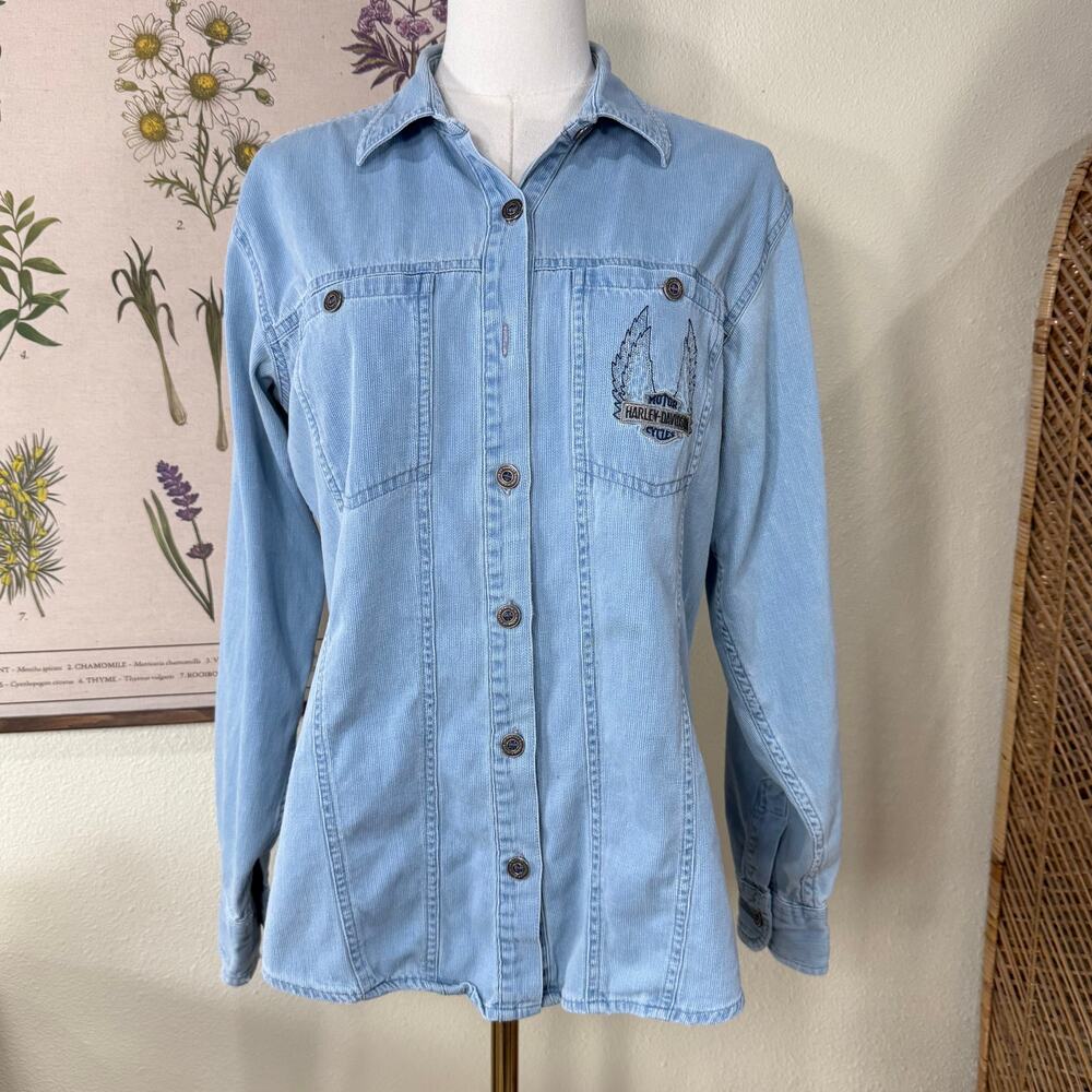 Harley Davidson 90s Y2k Embroidered Distressed Denim Shirt Biker Grunge Moto M